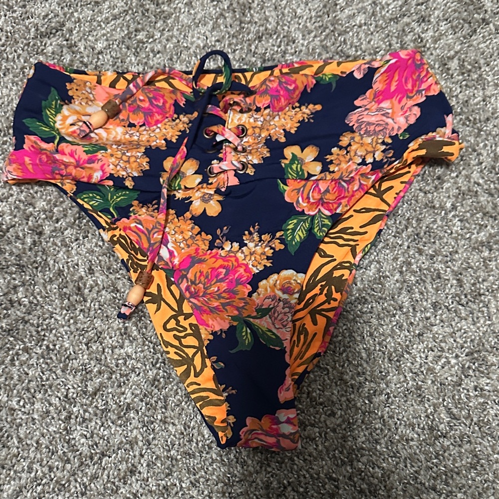 Maaji Navy and Pink Floral Bikini Bottom